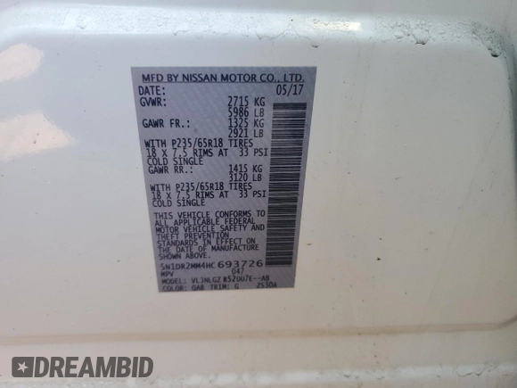 2017 Nissan Pathfinder SL with VIN 5N1DR2MM4HC693726, listed as a Copart auction lot 49579505 with 102,330 mi miles and Salvage Title. Bid and sale history available at carsss.com. Image 15.