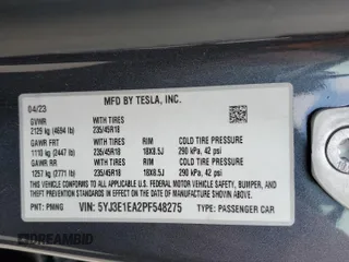 2023 Tesla Model 3 с VIN 5YJ3E1EA2PF548275, выставлен на аукционе Copart как лот 53606215 с пробегом 11 069 миль миль и Списание • Salvage title. История ставок и продаж доступна на DreamBid. Изображение 12.