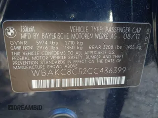 2012 BMW 7 Series 750Li xDrive with VIN WBAKC8C52CC436399, listed as a IAAI auction lot 41214440 with 122,532 mi miles and . Bid and sale history available at DreamBid. Image 9.