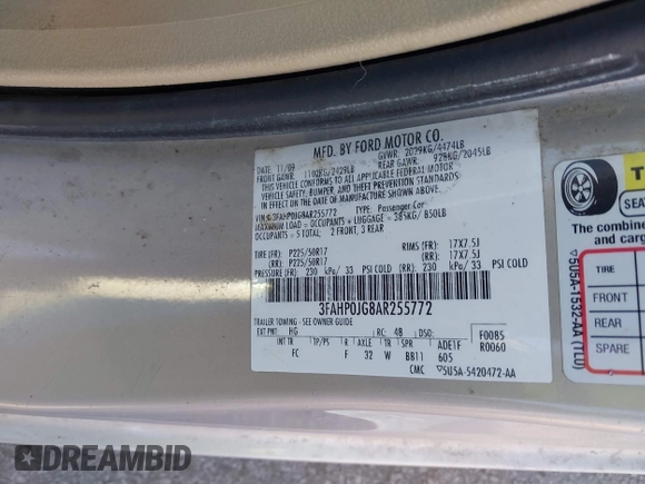2010 Ford Fusion SEL with VIN 3FAHP0JG8AR255772, listed as a IAAI auction lot 41704257 with 169,547 mi miles. Bid and sale history available at carsss.com. Image 9.