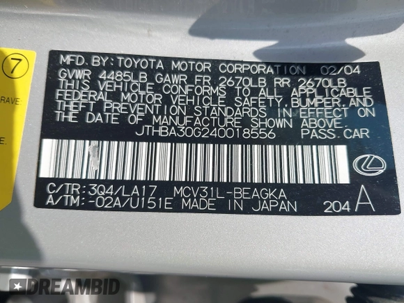 2004 Lexus ES 350 with VIN JTHBA30G240018556, listed as a IAAI auction lot 42131021 with 161,612 mi miles and . Bid and sale history available at DreamBid. Image 9.
