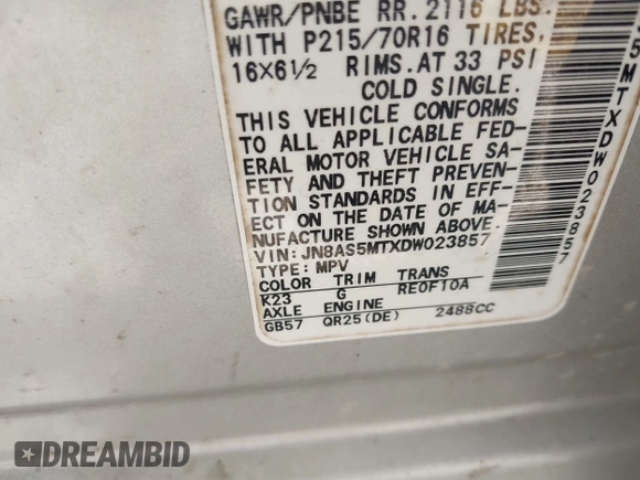 2013 Nissan Rogue S with VIN JN8AS5MTXDW023857, listed as a IAAI auction lot 42123229 with 209,145 mi miles and . Bid and sale history available at DreamBid. Image 9.