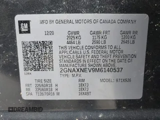 2021 Chevrolet Equinox Premier z VIN 2GNAXNEV9M6140537, wystawiony jako IAAI lot #42016514 z przebiegiem 52 237 mil mil oraz . Historia ofert i sprzedaży dostępna na DreamBid. Obrazek 9.