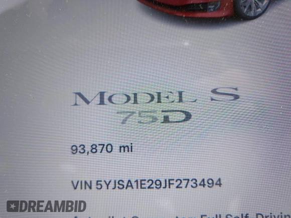 2018 Tesla Model S 75D with VIN 5YJSA1E29JF273494, listed as a IAAI auction lot 42246104 with 93,870 mi miles and . Bid and sale history available at DreamBid. Image 15.