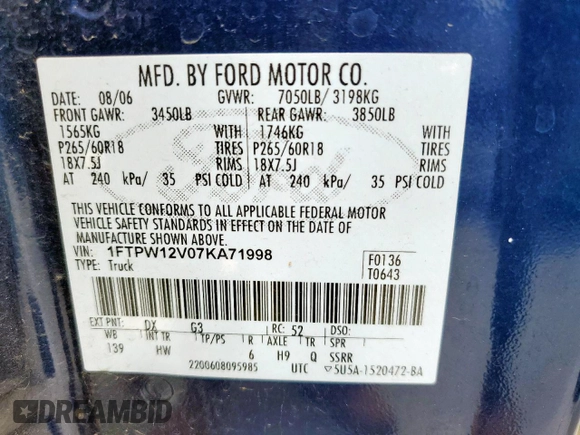 2007 Ford F-150 XLT with VIN 1FTPW12V07KA71998, listed as a Copart auction lot 58439215 with 224,254 mi miles and Clean title. Bid and sale history available at DreamBid. Image 12.