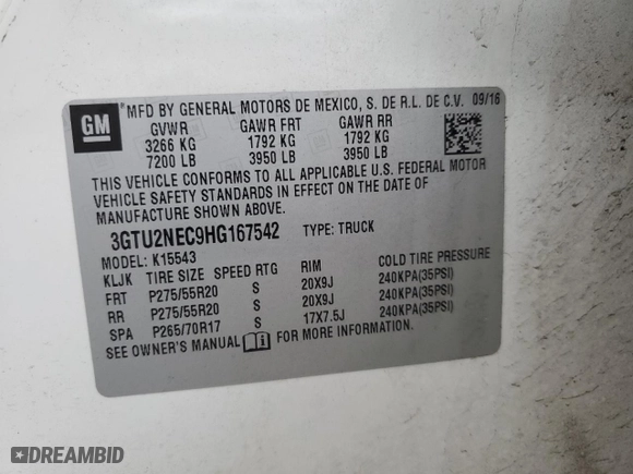 2017 GMC Sierra 1500 SLT with VIN 3GTU2NEC9HG167542, listed as a Copart auction lot 45244935 with 85,624 mi miles and Salvage Title. Bid and sale history available at carsss.com. Image 13.