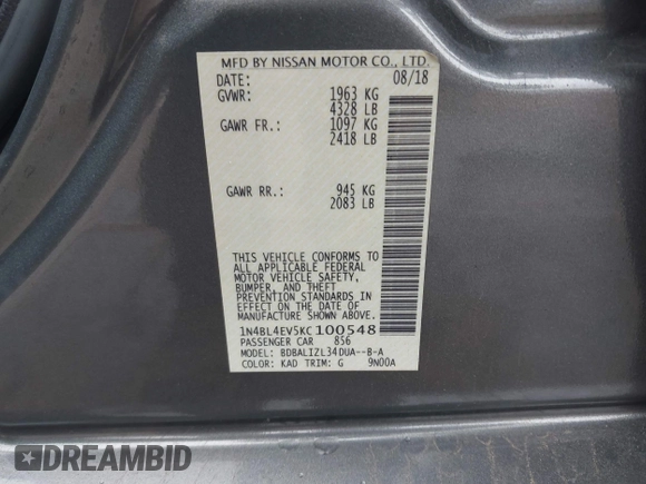 2019 Nissan Altima SL with VIN 1N4BL4EV5KC100548, listed as a IAAI auction lot 41750827 with 64,783 mi miles and . Bid and sale history available at DreamBid. Image 9.