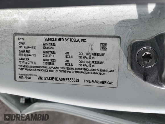 2021 Tesla Model 3 Standard Range Plus with VIN 5YJ3E1EA0MF858839, listed as a Copart auction lot 43784445 with 109,772 mi miles and Salvage Title. Bid and sale history available at DreamBid. Image 14.