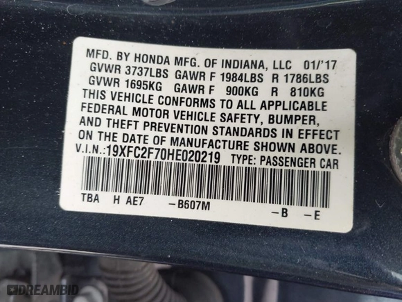 2017 Honda Civic Sedan EX with VIN 19XFC2F70HE020219, listed as a IAAI auction lot 40911894 with 85,538 mi miles. Bid and sale history available at carsss.com. Image 9.