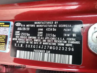 2021 Kia K5 LXS with VIN 5XXG14J27MG023296, listed as a Copart auction lot 44951185 with 74,889 mi miles and Salvage Title. Bid and sale history available at carsss.com. Image 14.