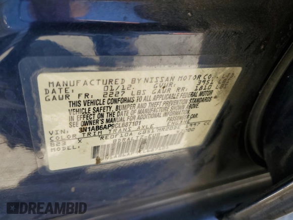 2012 Nissan Sentra SL with VIN 3N1AB6AP9CL687101, listed as a Copart auction lot 66049155 with 105,611 mi miles and Clean title. Bid and sale history available at DreamBid. Image 12.