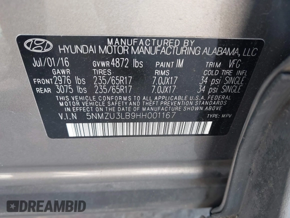 2017 Hyundai Santa Fe Sport 2.4L with VIN 5NMZU3LB9HH001167, listed as a IAAI auction lot 42061866 with 144,441 mi miles. Bid and sale history available at carsss.com. Image 9.