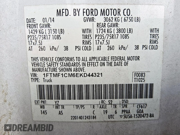 2014 Ford F-150 XL with VIN 1FTMF1CM6EKD44321, listed as a Copart auction lot 61599305 with 331,756 mi miles and Clean title. Bid and sale history available at DreamBid. Image 12.