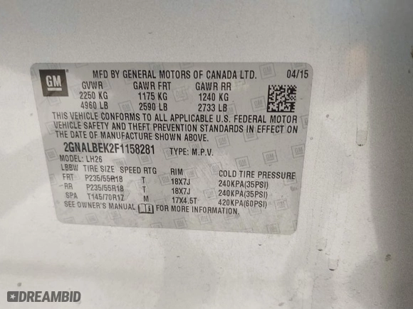 2015 Chevrolet Equinox LT with VIN 2GNALBEK2F1158281, listed as a IAAI auction lot 42042766 with 196,868 mi miles. Bid and sale history available at carsss.com. Image 9.