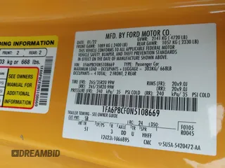 2022 Ford Mustang GT with VIN 1FA6P8CF0N5108669, listed as a IAAI auction lot 42352843 with 30,598 mi miles and . Bid and sale history available at DreamBid. Image 9.