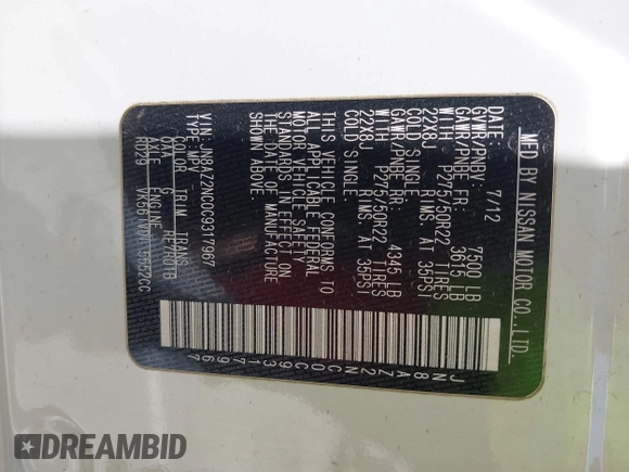 2012 Infiniti QX56 8-passenger с VIN JN8AZ2NC0C9317967, выставлен на аукционе IAAI как лот 42404920 с пробегом 165 917 миль миль и . История ставок и продаж доступна на DreamBid. Изображение 9.
