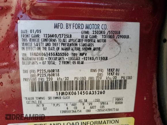 2005 Ford Freestyle Limited with VIN 1FMDK06145GA35260, listed as a Copart auction lot 77809774 with 247,591 mi miles and Salvage Title. Bid and sale history available at carsss.com. Image 13.