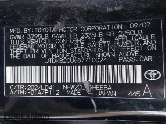 2008 Toyota Prius with VIN JTDKB20U687710024, listed as a IAAI auction lot 41194756 with Not provided miles and . Bid and sale history available at DreamBid. Image 9.