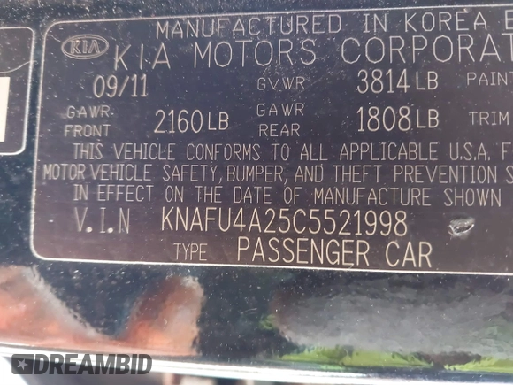 2012 Kia Forte EX with VIN KNAFU4A25C5521998, listed as a IAAI auction lot 41705662 with 129,394 mi miles. Bid and sale history available at carsss.com. Image 9.