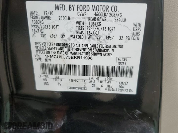 2011 Ford Escape XLS with VIN 1FMCU9C75BKB11998, listed as a Copart auction lot 55880005 with 165,361 mi miles and Clean title. Bid and sale history available at DreamBid. Image 13.