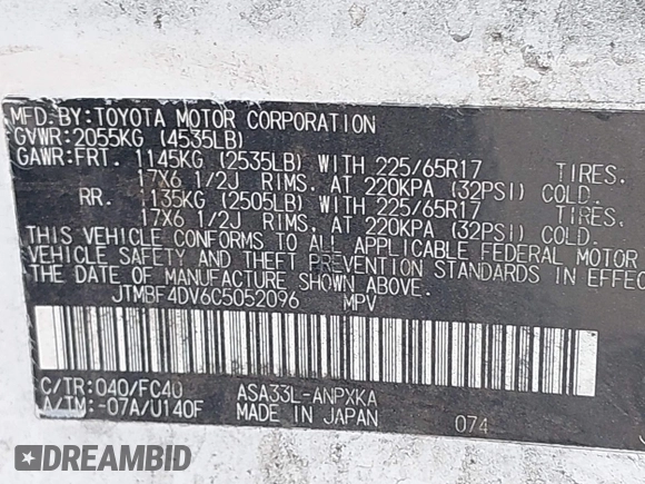 2012 Toyota RAV4 with VIN JTMBF4DV6C5052096, listed as a IAAI auction lot 42001150 with 119,308 mi miles. Bid and sale history available at carsss.com. Image 9.