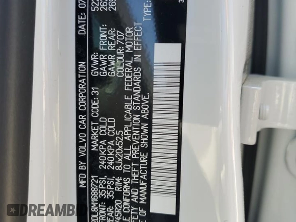 2021 Volvo XC60 Inscription с VIN YV4102DL8M1688721, выставлен на аукционе Copart как лот 52176735 с пробегом 28 042 миль миль и Списание • Salvage title. История ставок и продаж доступна на DreamBid. Изображение 13.