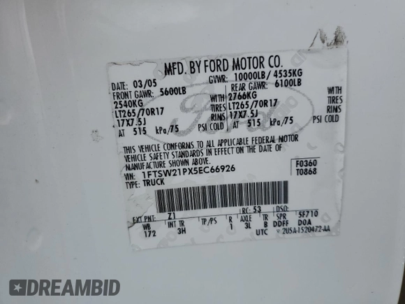 2005 Ford F-250 XL с VIN 1FTSW21PX5EC66926, выставлен на аукционе Copart как лот 57723355 с пробегом 286 827 миль миль и Списание • Salvage title. История ставок и продаж доступна на DreamBid. Изображение 12.