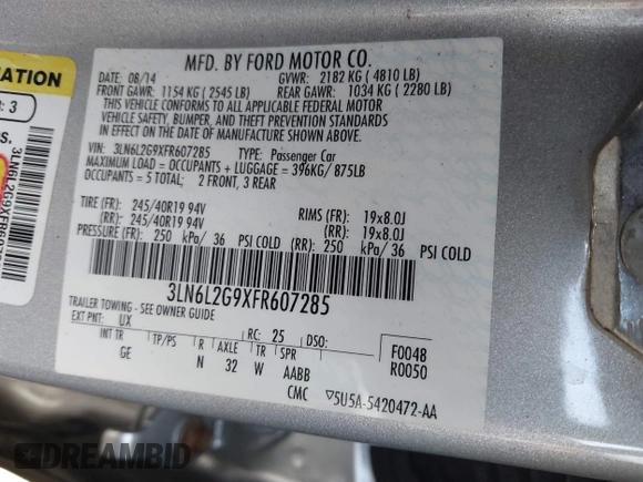 2015 Lincoln MKZ with VIN 3LN6L2G9XFR607285, listed as a IAAI auction lot 41572389 with 138,899 mi miles and . Bid and sale history available at DreamBid. Image 9.