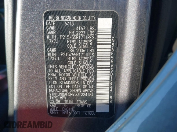 2013 Nissan Juke SL with VIN JN8AF5MV5DT224184, listed as a IAAI auction lot 41702851 with 160,000 mi miles and . Bid and sale history available at carsss.com. Image 9.