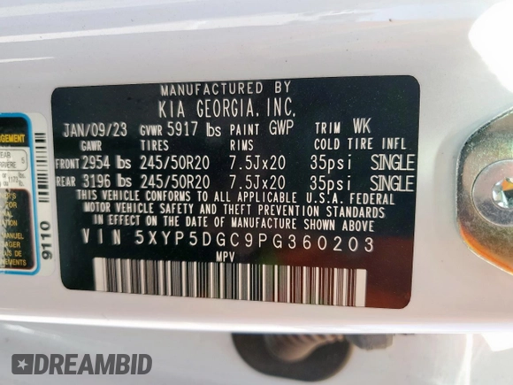 2023 Kia Telluride SX Prestige with VIN 5XYP5DGC9PG360203, listed as a Copart auction lot 57679905 with 39,145 mi miles and Salvage title. Bid and sale history available at DreamBid. Image 13.