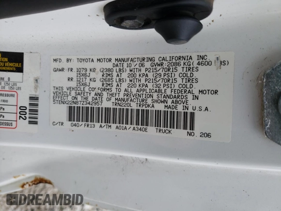 2007 Toyota Tacoma with VIN 5TENX22N87Z342957, listed as a Copart auction lot 47662855 with 183,339 mi miles and Clean Title. Bid and sale history available at carsss.com. Image 12.