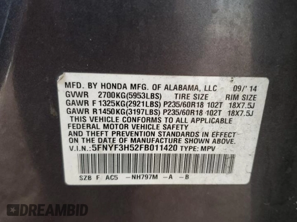 2015 Honda Pilot EX-L z VIN 5FNYF3H52FB011420, wystawiony jako Copart lot #51117475 z przebiegiem Nie podano mil oraz Szkoda całkowita • Salvage title. Historia ofert i sprzedaży dostępna na DreamBid. Obrazek 13.