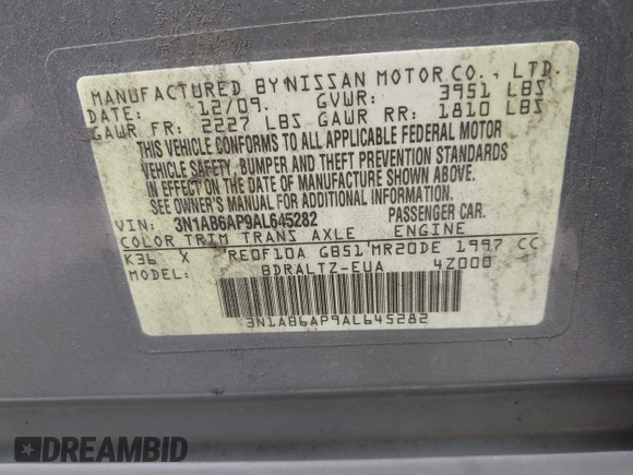 2010 Nissan Sentra S with VIN 3N1AB6AP9AL645282, listed as a IAAI auction lot 42656229 with 170,254 mi miles and . Bid and sale history available at DreamBid. Image 9.