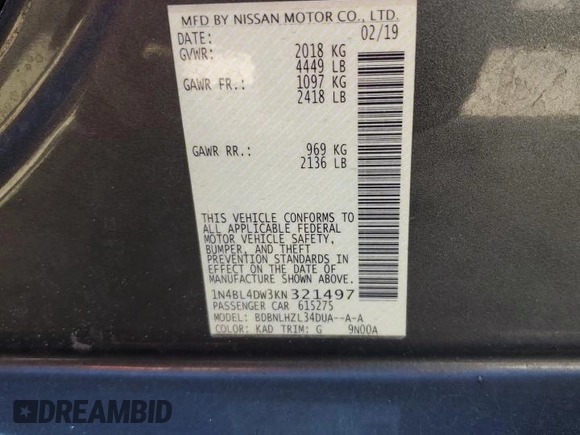 2019 Nissan Altima SV z VIN 1N4BL4DW3KN321497, wystawiony jako Copart lot #57959005 z przebiegiem 78 807 mil mil oraz Szkoda całkowita • Salvage title. Historia ofert i sprzedaży dostępna na DreamBid. Obrazek 12.