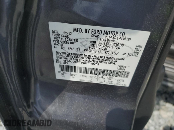 2012 Ford Escape Limited with VIN 1FMCU0E79CKC19762, listed as a Copart auction lot 48832735 with 158,273 mi miles and Clean Title. Bid and sale history available at DreamBid. Image 13.
