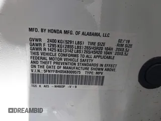 2019 Honda Passport Elite z VIN 5FNYF8H05KB009575, wystawiony jako IAAI lot #42804678 z przebiegiem 70 468 mil mil oraz . Historia ofert i sprzedaży dostępna na DreamBid. Obrazek 9.