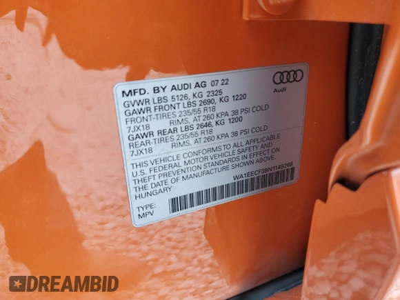 2022 Audi Q3 S line Premium Plus with VIN WA1EECF39N1149268, listed as a Copart auction lot 54211345 with 34,646 mi miles and Salvage title. Bid and sale history available at DreamBid. Image 13.