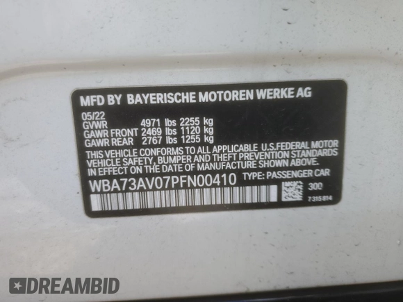 2023 BMW 4 Series 430i xDrive с VIN WBA73AV07PFN00410, выставлен на аукционе Copart как лот 46872495 с пробегом 31 148 миль миль и На запчасти • Non repairable. История ставок и продаж доступна на DreamBid. Изображение 14.