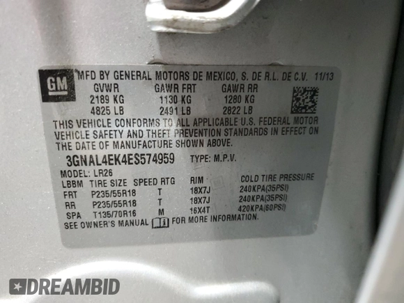 2014 Chevrolet Captiva Sport LTZ with VIN 3GNAL4EK4ES574959, listed as a Copart auction lot 72056814 with 191,891 mi miles and Clean Title. Bid and sale history available at DreamBid. Image 13.