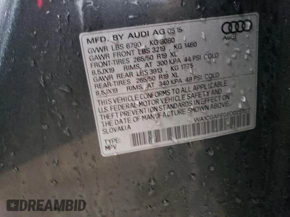 2015 Audi Q7 Premium with VIN WA1CGAFE0FD025722, listed as a Copart auction lot 48874585 with 105,663 mi miles and Salvage title. Bid and sale history available at DreamBid. Image 12.