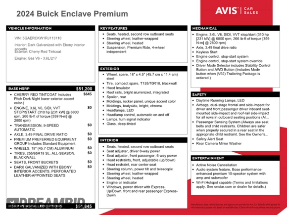 2024 Buick Enclave Premium with VIN 5GAERCKW1RJ113110, listed as a Copart auction lot 51999285 with 29,089 mi miles and Non Repairable. Bid and sale history available at DreamBid. Image 13.