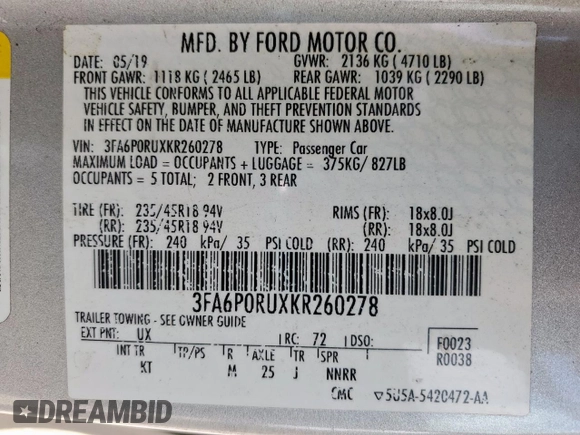 2019 Ford Fusion Titanium with VIN 3FA6P0RUXKR260278, listed as a Copart auction lot 59230895 with 85,520 mi miles and Salvage title. Bid and sale history available at DreamBid. Image 12.
