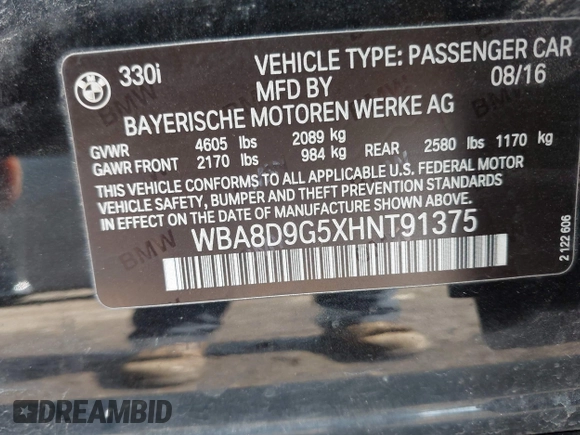2017 BMW 3 Series 330i xDrive with VIN WBA8D9G5XHNT91375, listed as a IAAI auction lot 42546882 with 107,573 mi miles and . Bid and sale history available at DreamBid. Image 9.