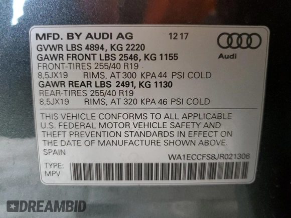 2018 Audi Q3 Premium with VIN WA1ECCFS8JR021306, listed as a Copart auction lot 60091415 with 100,604 mi miles and Salvage title. Bid and sale history available at DreamBid. Image 12.