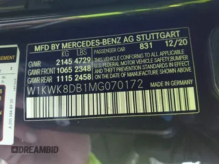 2021 Mercedes-Benz C 300 with VIN W1KWK8DB1MG070172, listed as a IAAI auction lot 41626862 with 44,622 mi miles and . Bid and sale history available at DreamBid. Image 9.