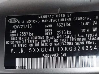 2019 Kia Optima EX with VIN 5XXGU4L1XKG324394, listed as a IAAI auction lot 41607905 with 69,980 mi miles. Bid and sale history available at carsss.com. Image 9.