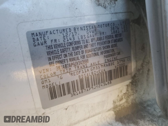 2018 Nissan Sentra SR with VIN 3N1AB7AP9JY243688, listed as a Copart auction lot 80944274 with 148,155 mi miles and Salvage Title. Bid and sale history available at DreamBid. Image 12.