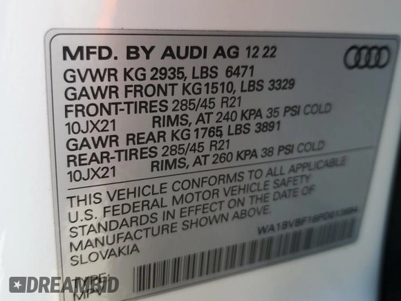 2023 Audi Q8 Premium Plus with VIN WA1BVBF18PD013694, listed as a Copart auction lot 76397744 with 16,763 mi miles and Salvage title. Bid and sale history available at DreamBid. Image 14.