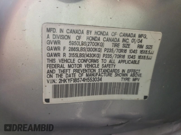 2004 Honda Pilot EX with VIN 2HKYF18574H553034, listed as a Copart auction lot 42422572 with Not Provided miles and Non Repairable. Bid and sale history available at DreamBid. Image 10.