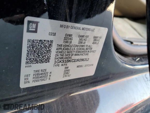 2018 GMC Yukon SLT with VIN 1GKS1BKC2JR296312, listed as a Copart auction lot 82218314 with 92,720 mi miles and Salvage Title. Bid and sale history available at carsss.com. Image 13.